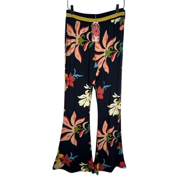 NEW! Farm Rio Calla Flared Retro Floral Pants S Black Motif Retro Boho $148 - Picture 4 of 11